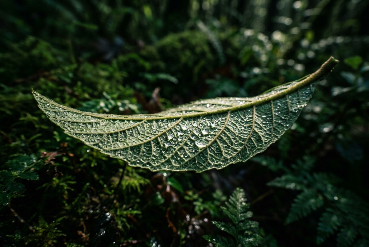 A single textured loquat leaf illuminated by a ray of sunlight with dewdrops.