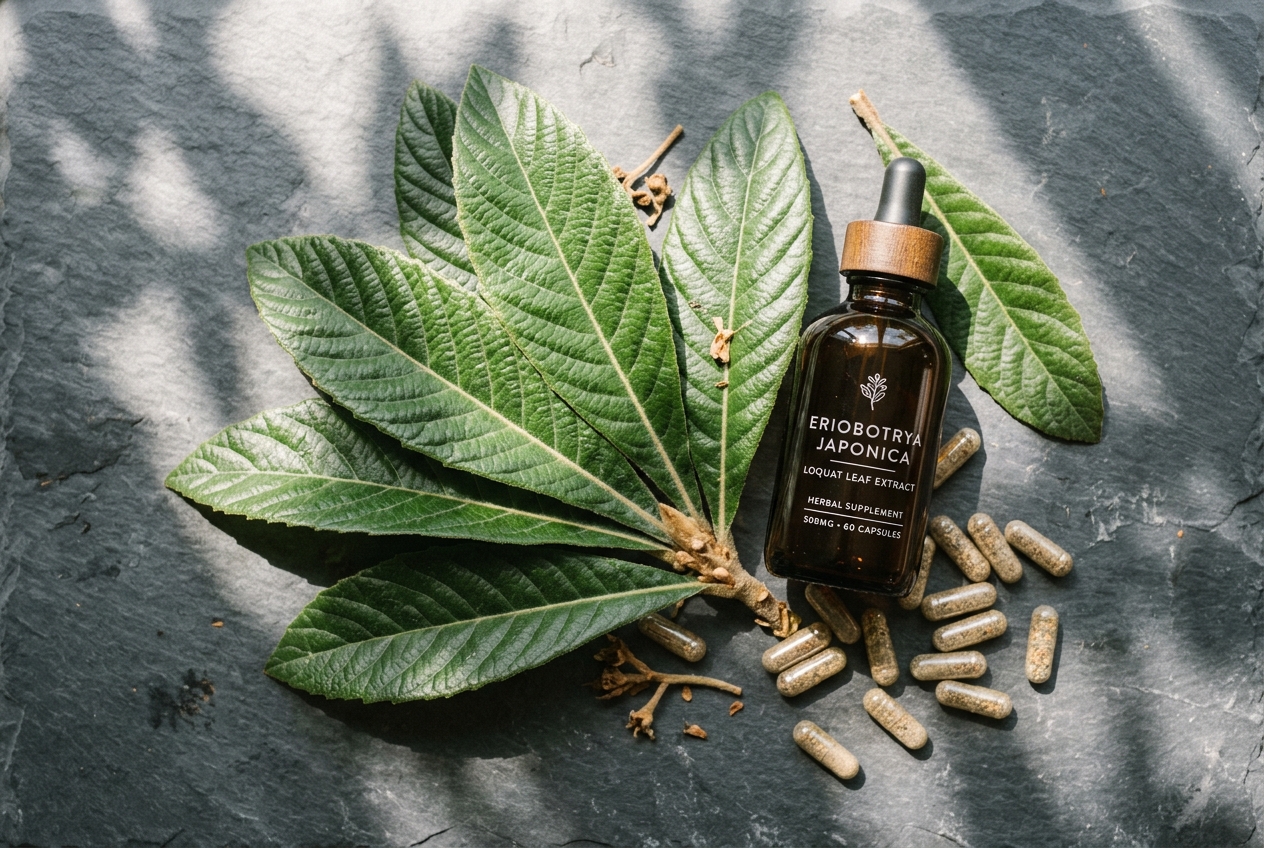 Level Off vs. Glucose Goddess Anti-Spike: Which Supplement Stops Cravings? Textured loquat leaves arranged near supplement capsules and an amber glass bottle.