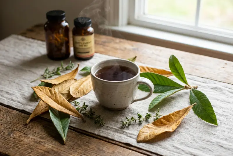 Dried loquat leaves and herbal tea on a rustic table