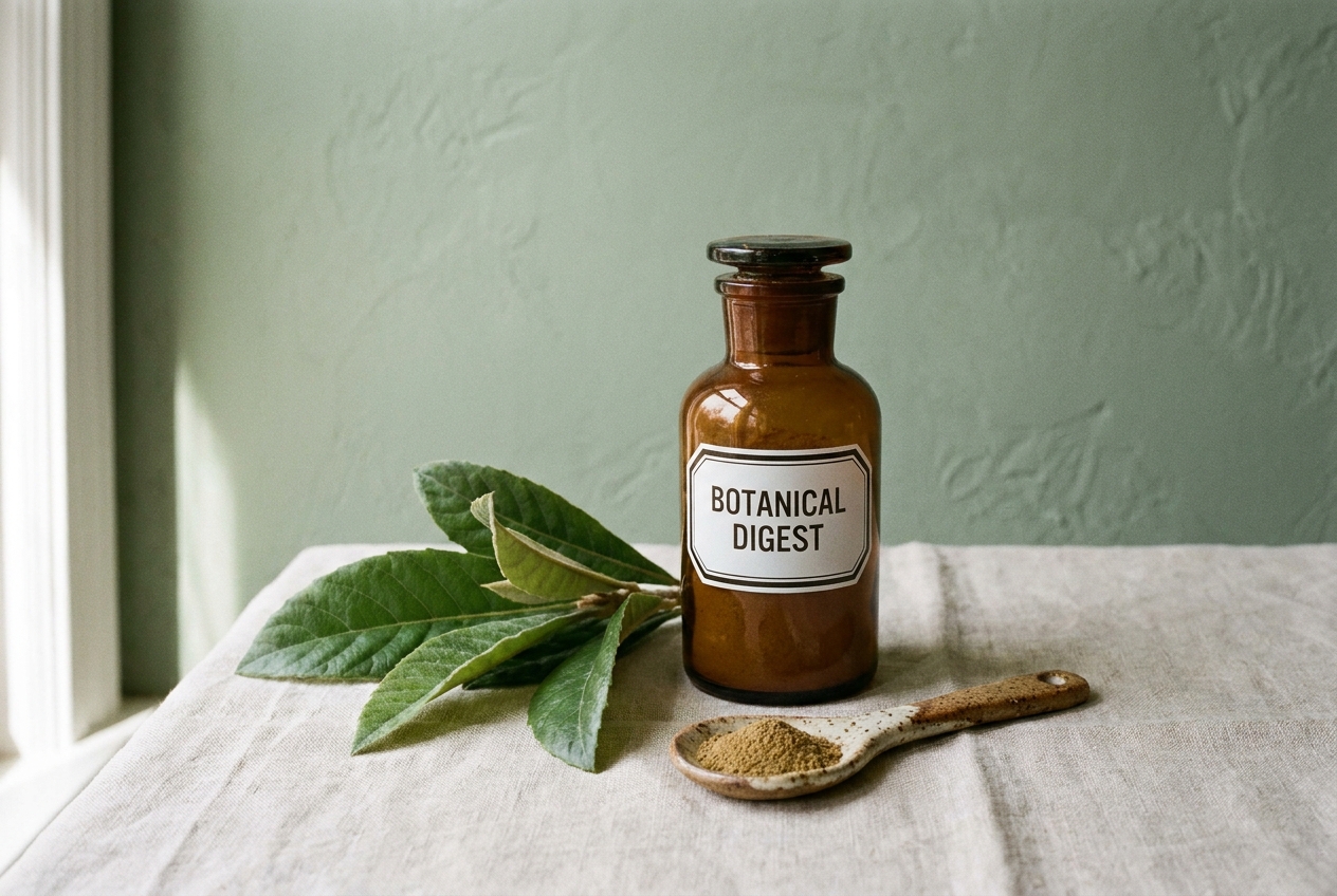 Are My CGM Readings Normal? How to Interpret Post-Meal Glucose Spikes Amber glass bottle with fresh loquat leaves and a ceramic spoon on a linen cloth.
