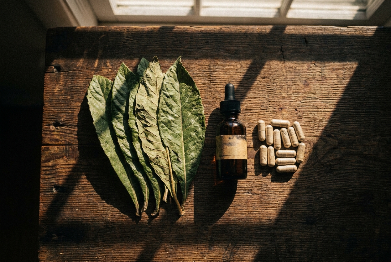 Dried loquat leaves arranged neatly on a wooden table next to wellness supplement capsules.