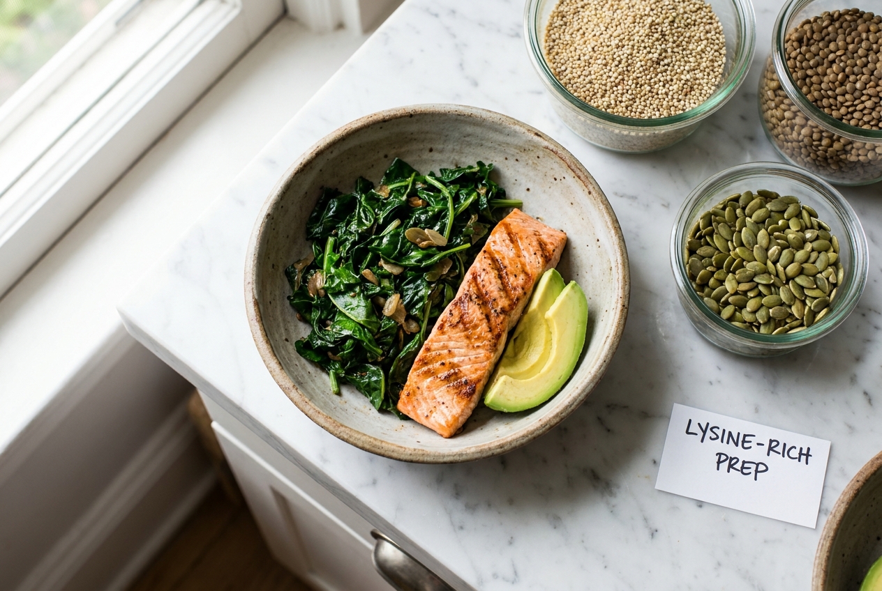 A rustic bowl containing grilled salmon, leafy greens, and avocado on a marble counter.