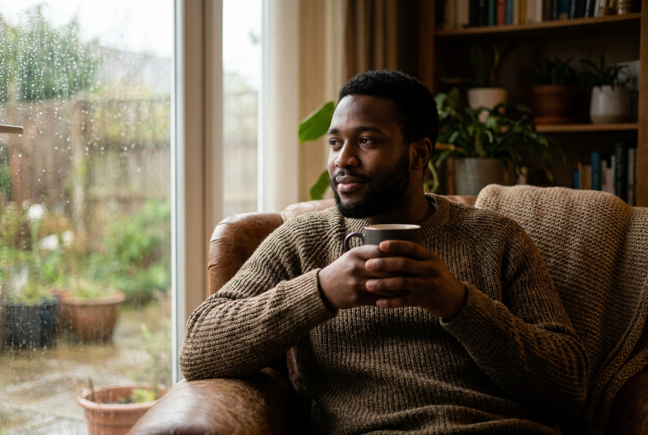 A man in a thick sweater sits by a rainy window, holding a warm mug of tea.