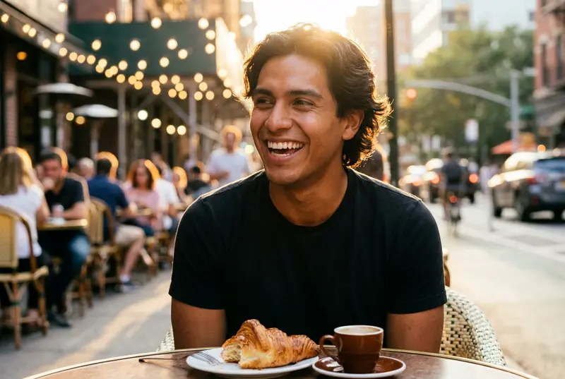 A happy man laughing at an outdoor cafe table during a sunny afternoon.
