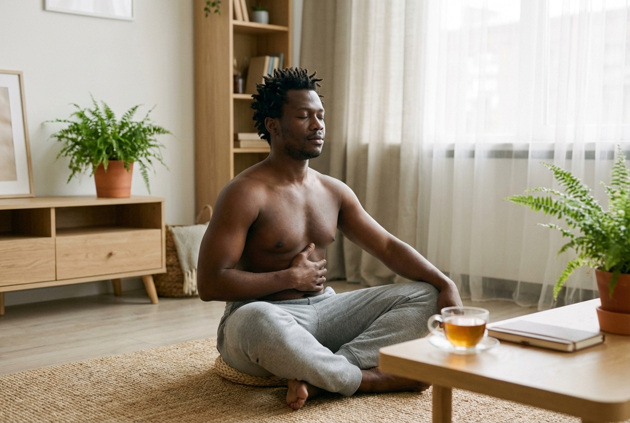 Black man meditating shirtless in a minimalist room with plants.