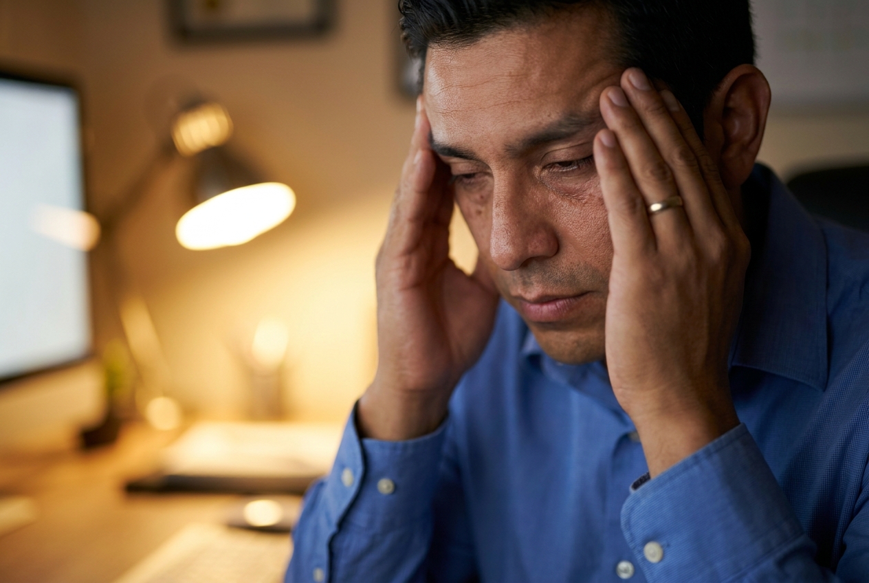 A man rubbing his temples in a softly lit office environment.