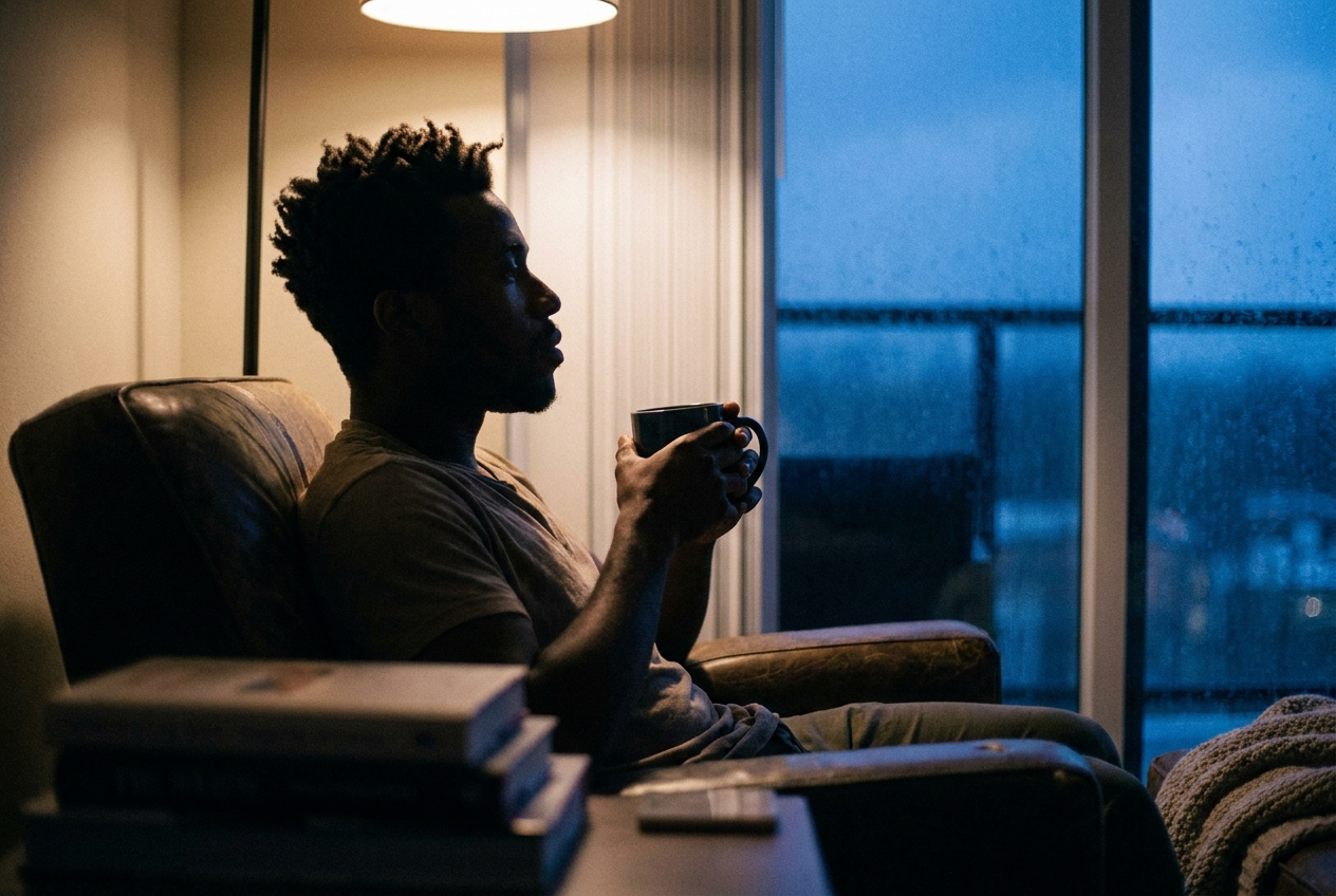 Silhouette of a man sitting peacefully by a window holding a warm mug.