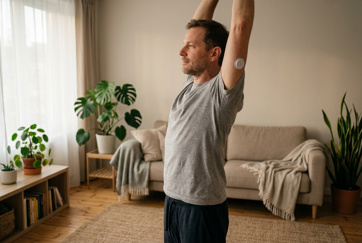 10 Ways to Naturally Lower Blood Sugar and Stop Glucose Spikes A man stretching his arms in a bright living room, wearing a continuous glucose monitor on the back of his arm.