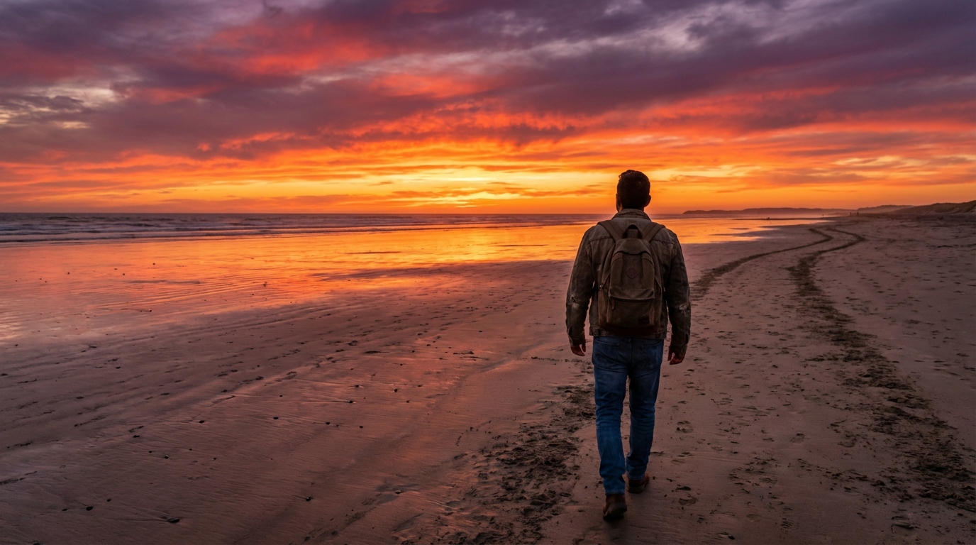 Man walking confidently on a beach at sunset towards the horizon.