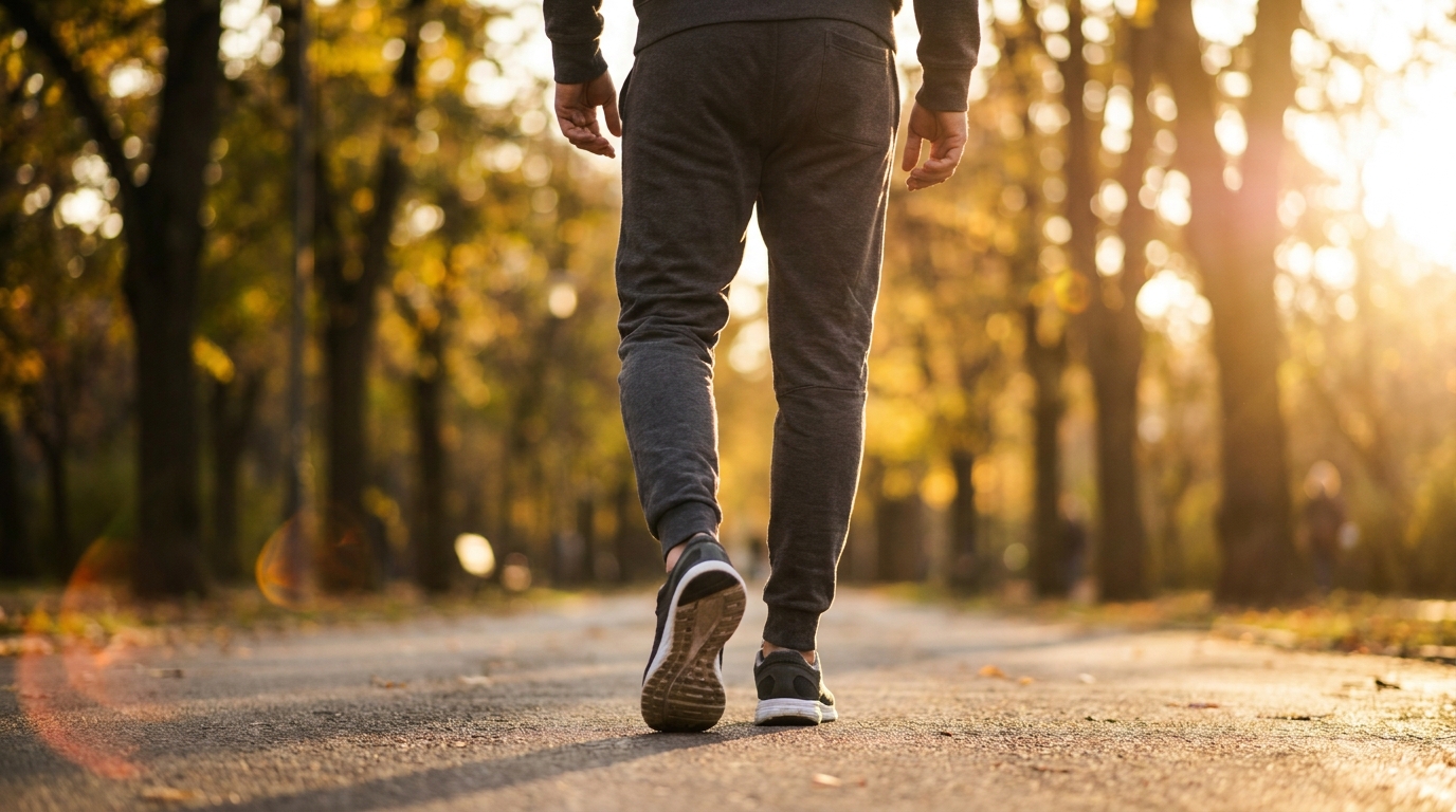 Are My CGM Readings Normal? How to Interpret Post-Meal Glucose Spikes Lower body shot of a man walking along a sunlit park path in athletic shoes.