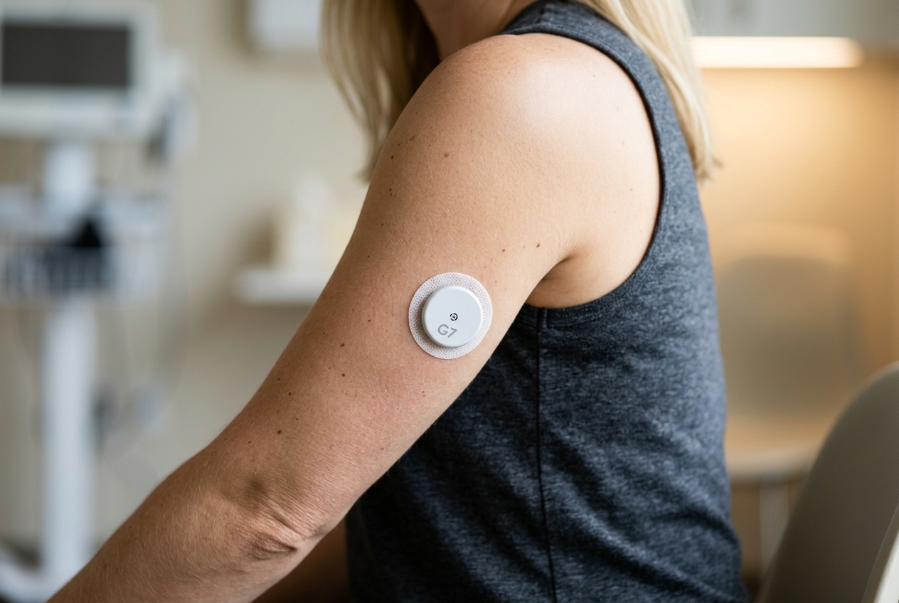 Loquat Leaf vs. Berberine and Mulberry: Does It Really Balance Blood Sugar? Close-up of a medically accurate continuous glucose monitor attached to the back of a person's upper arm.