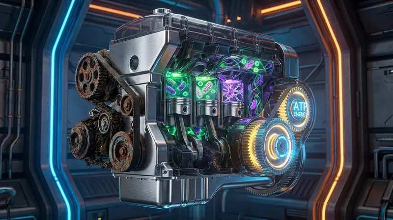 Artistic rendering of a car engine filled with biological cells