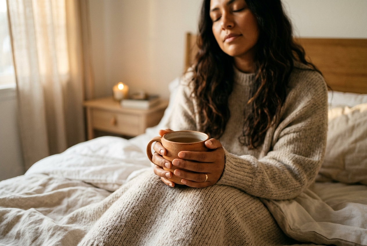 Close-up of a Latina woman's hands in an oversized sweater holding a warm ceramic mug of tea.
