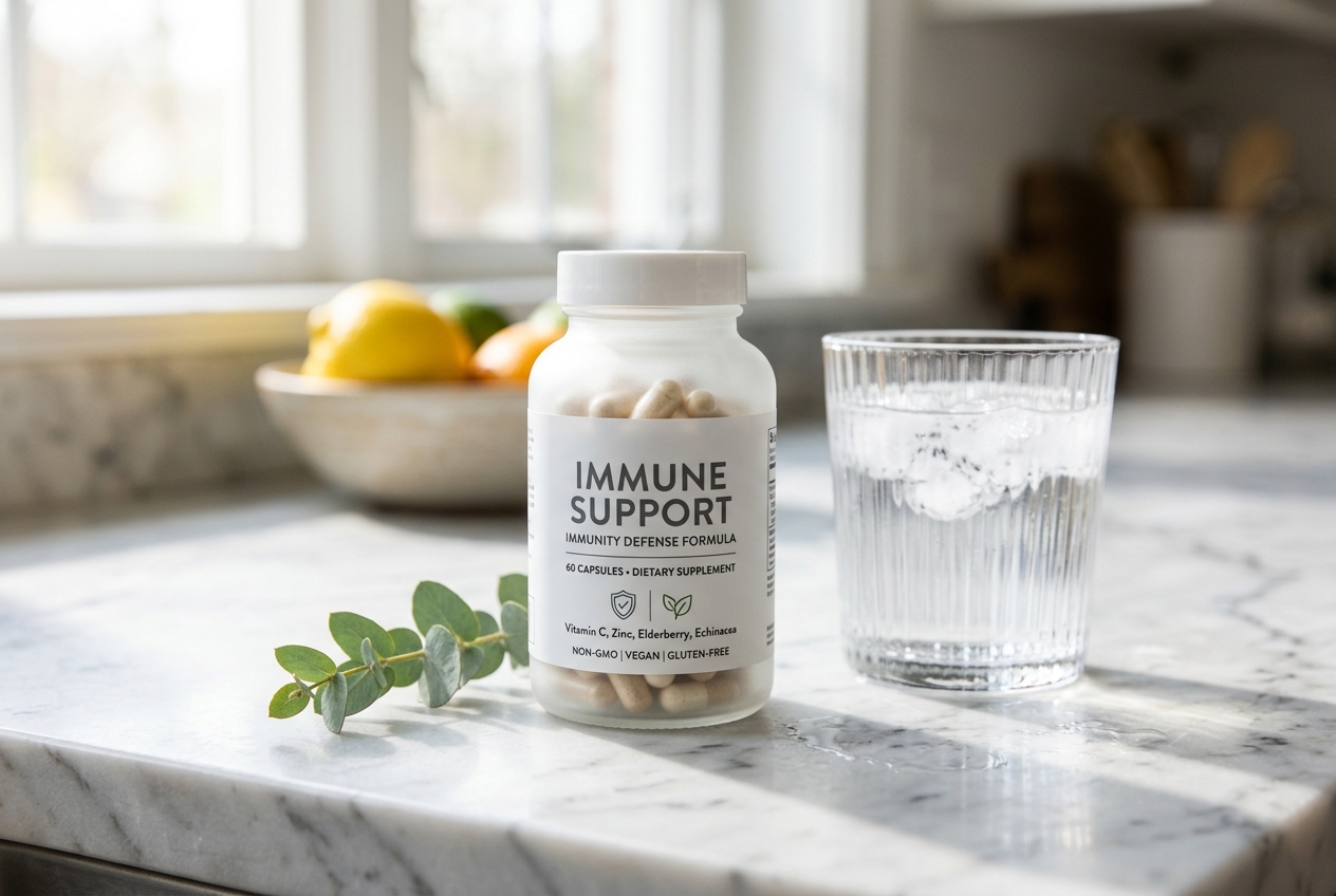 A clean, modern supplement bottle sitting on a marble counter next to a glass of iced water.