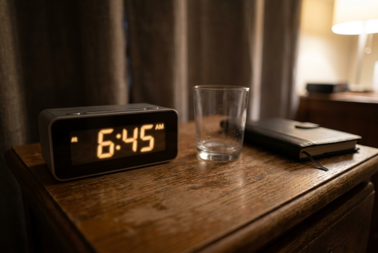 Are My CGM Readings Normal? How to Interpret Post-Meal Glucose Spikes Close-up of a digital alarm clock and water glass on a dark wooden nightstand.
