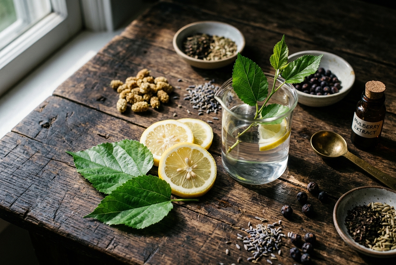 Level Off vs. Glucose Goddess Anti-Spike: Which Supplement Stops Cravings? Fresh green mulberry leaves and sliced yellow lemons on a rustic wooden table.