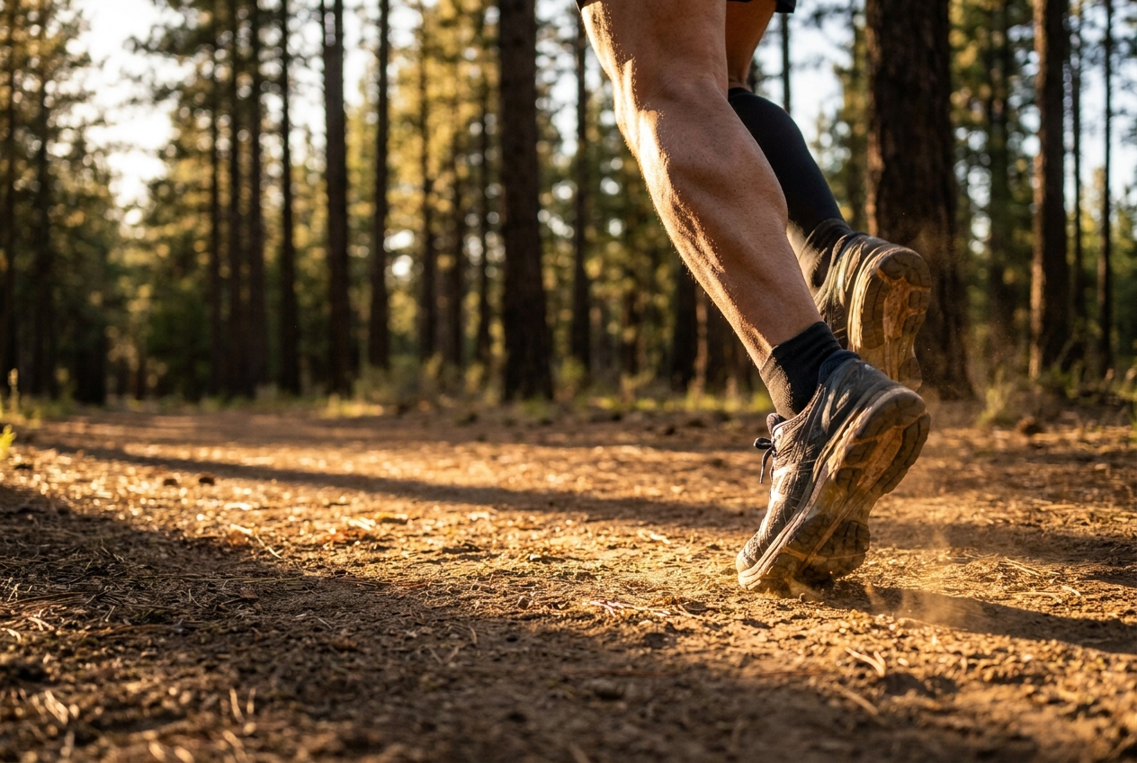 Why Blood Sugar Baseline Recovery Matters More Than Peak Spike Size Close-up action shot of a runner's legs and shoes mid-stride on a dirt nature trail.