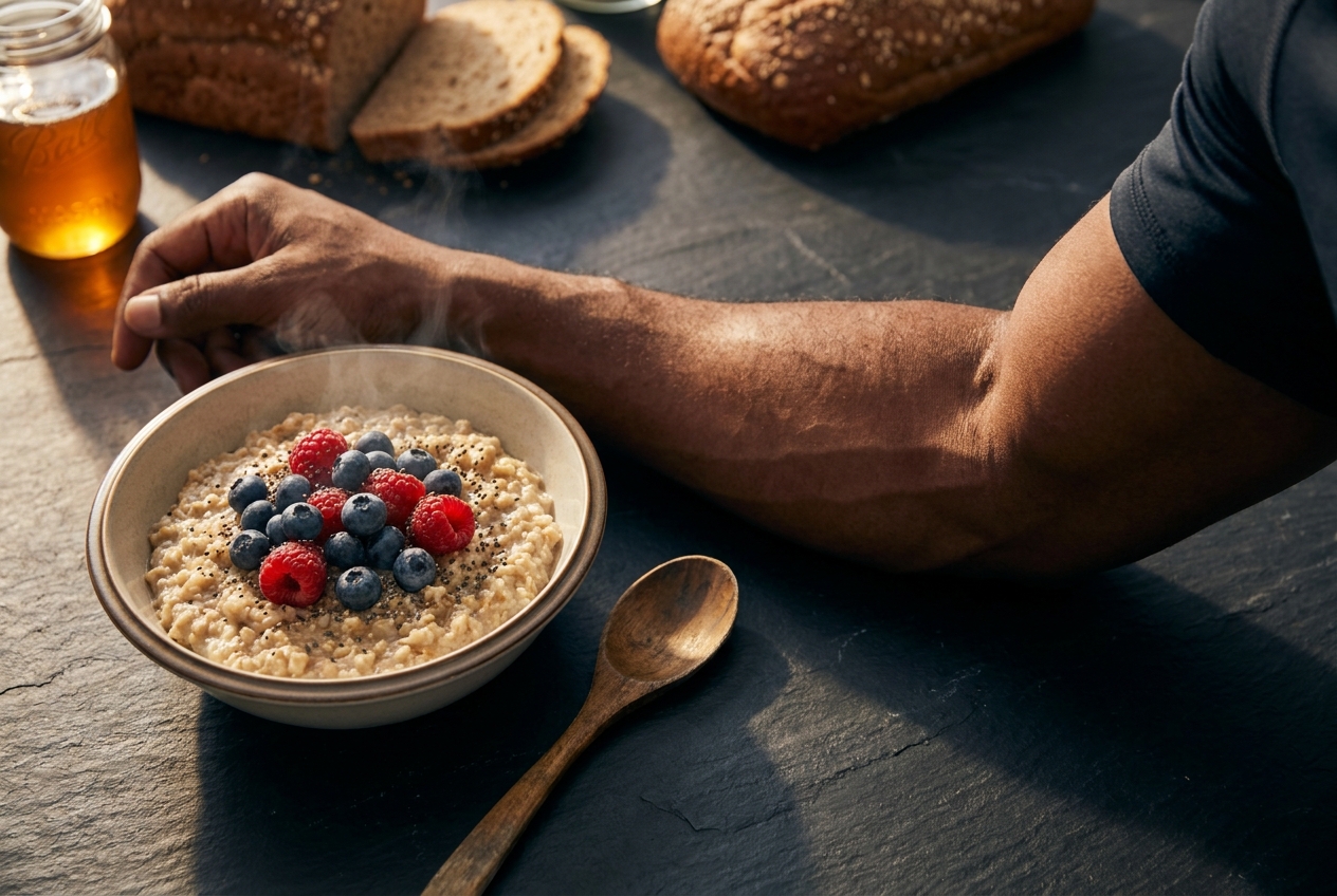 A steaming bowl of oatmeal with berries on a dark counter next to a person's muscular arm.