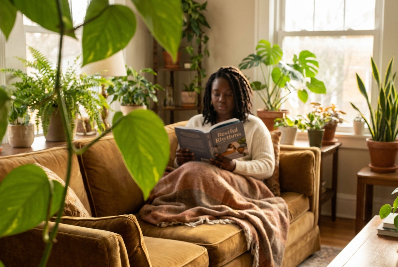 A person relaxing on a sofa with a blanket and a book.