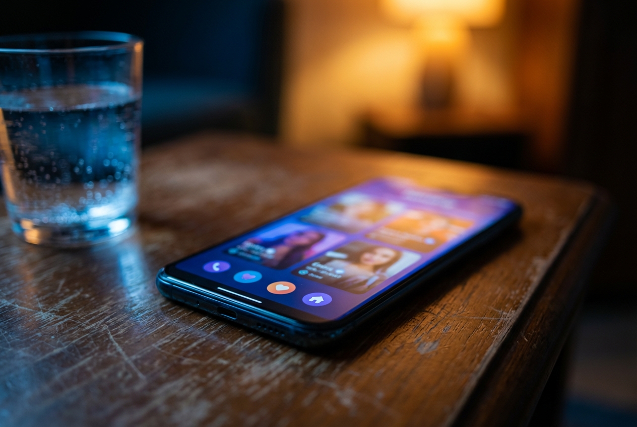 A glowing smartphone resting on a dark wooden table in a dimly lit room.