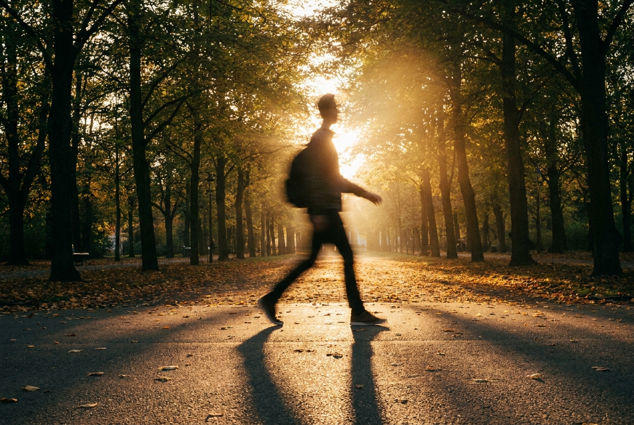Silhouette of a person walking along a tree-lined path in the late afternoon sun.