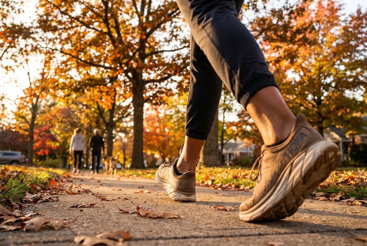Close up of walking shoes stepping on autumn leaves
