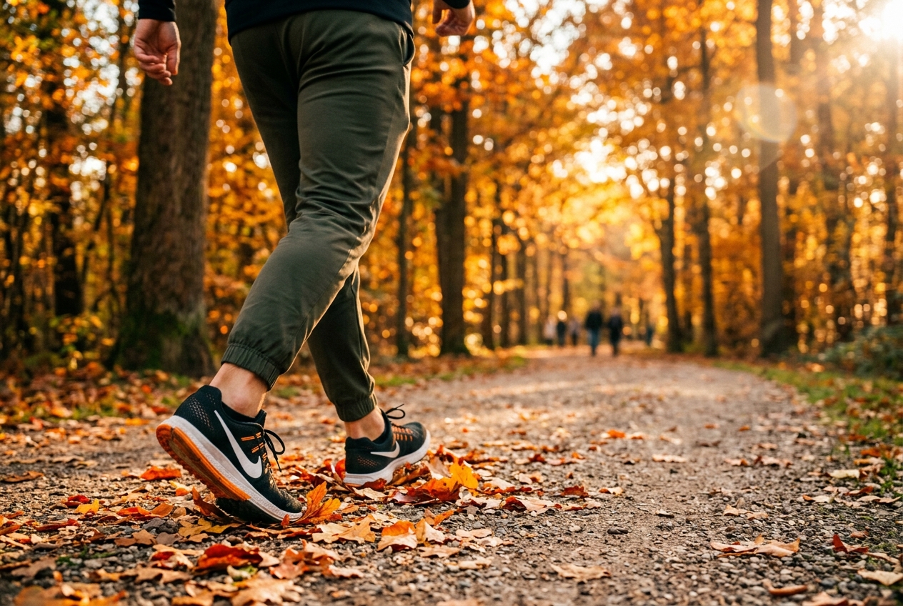 Level Off vs. Glucose Goddess Anti-Spike: Which Supplement Stops Cravings? Close up of someone's athletic shoes and legs taking a brisk walk on an autumn path.