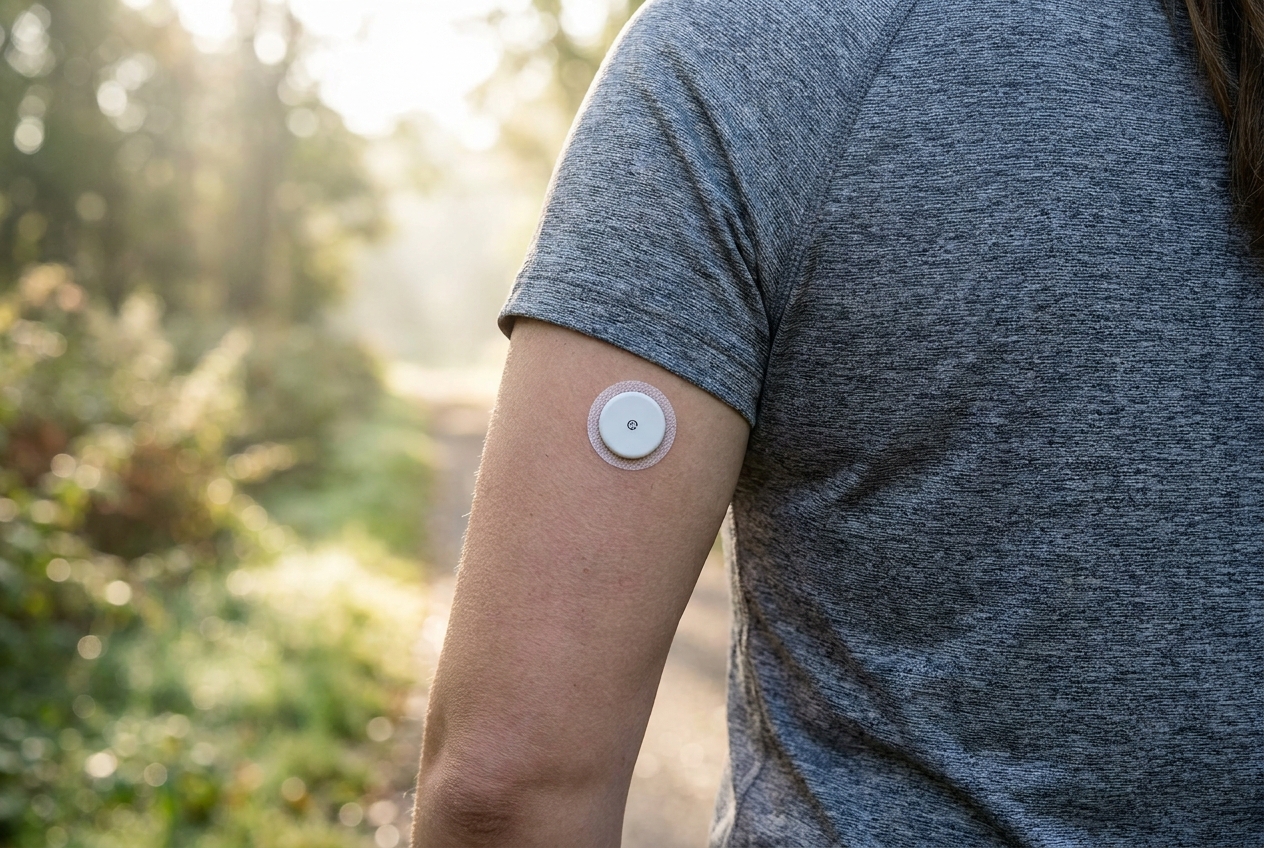 A close-up of a circular continuous glucose monitor attached to the back of a person's upper arm.