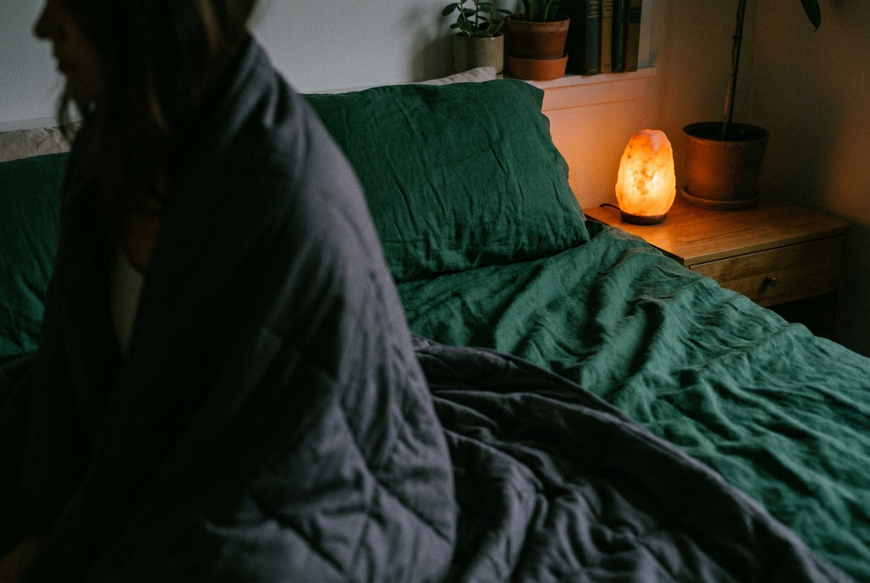 A peaceful silhouette of a person resting under a weighted blanket lit by a warm salt lamp.