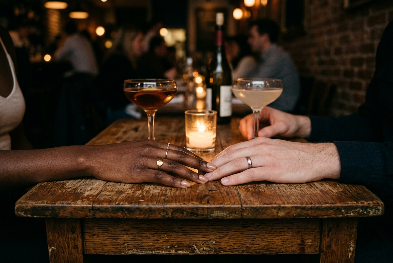 Two pairs of hands resting near each other on a dim restaurant table illuminated by a small candle.