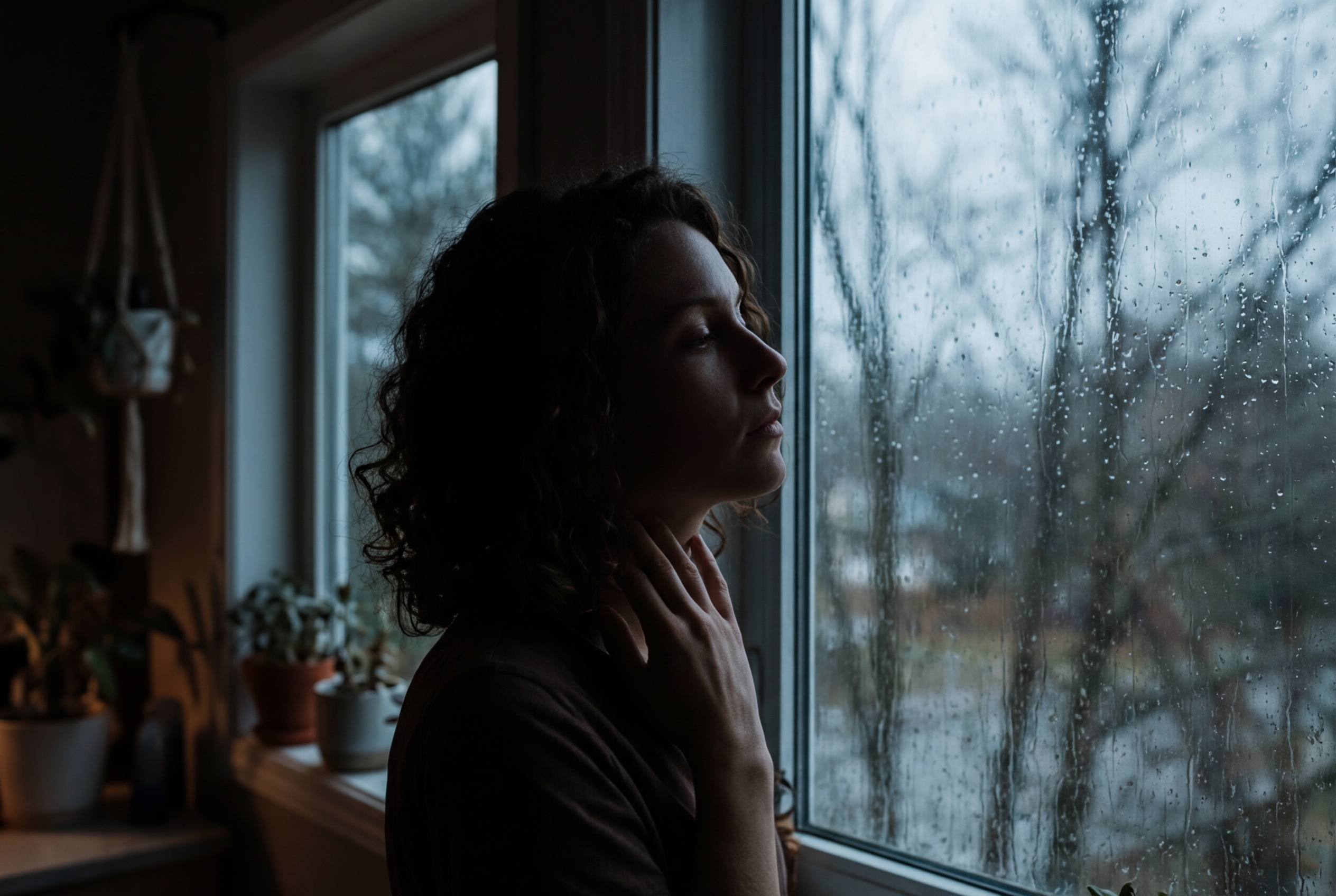 Silhouette of a person resting their head thoughtfully against a rain-covered windowpane.