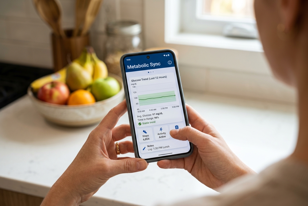 Level Off vs. Glucose Goddess Anti-Spike: Which Supplement Stops Cravings? A person holding a smartphone showing a flat, stable blood sugar graph on a health app.