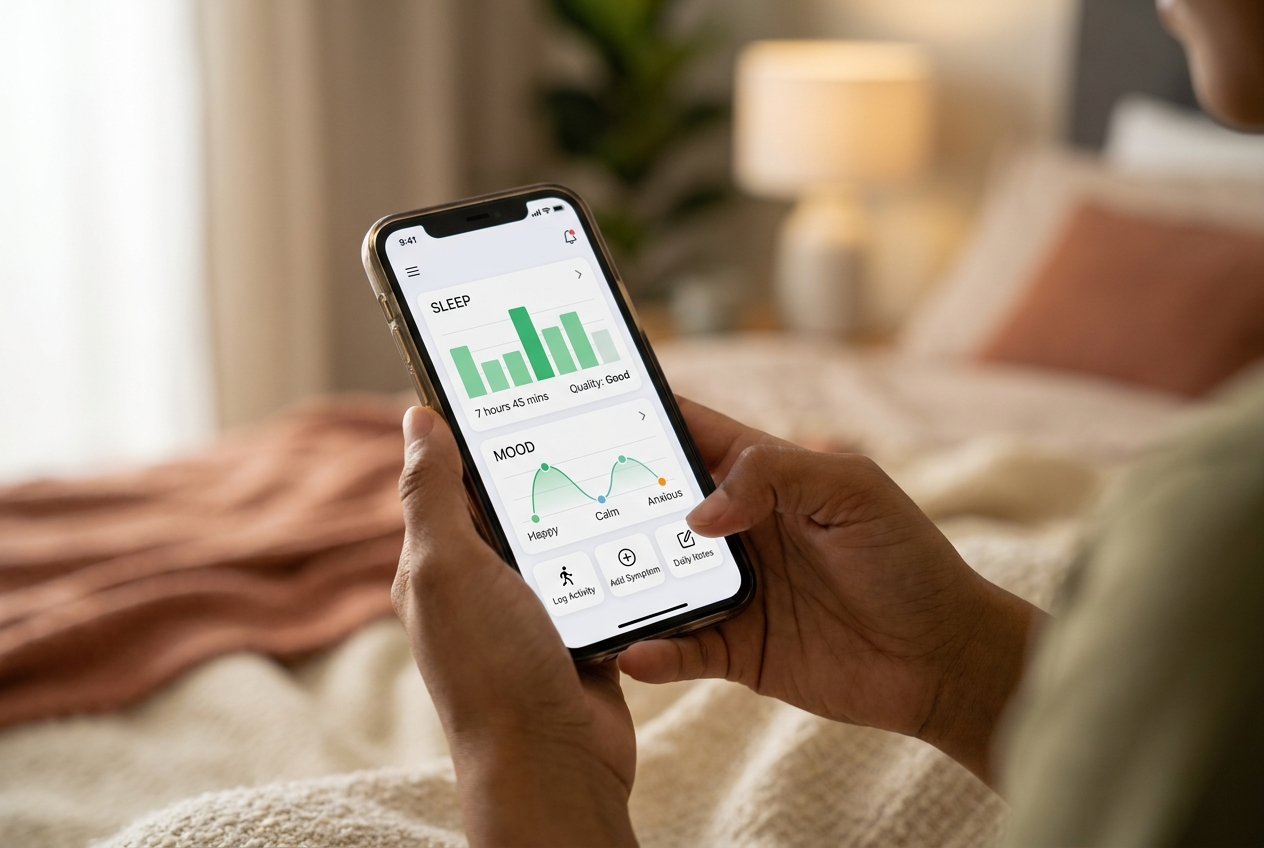 Close-up of hands holding a smartphone displaying a health tracking app with graphs.