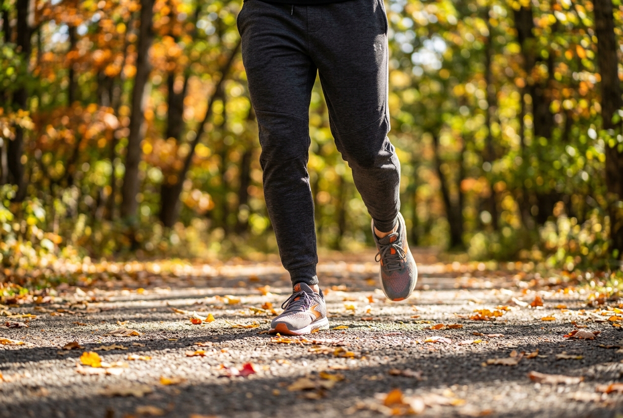 10 Ways to Naturally Lower Blood Sugar and Stop Glucose Spikes Close-up of a person's legs and sneakers mid-stride while walking on a sunny park pathway.