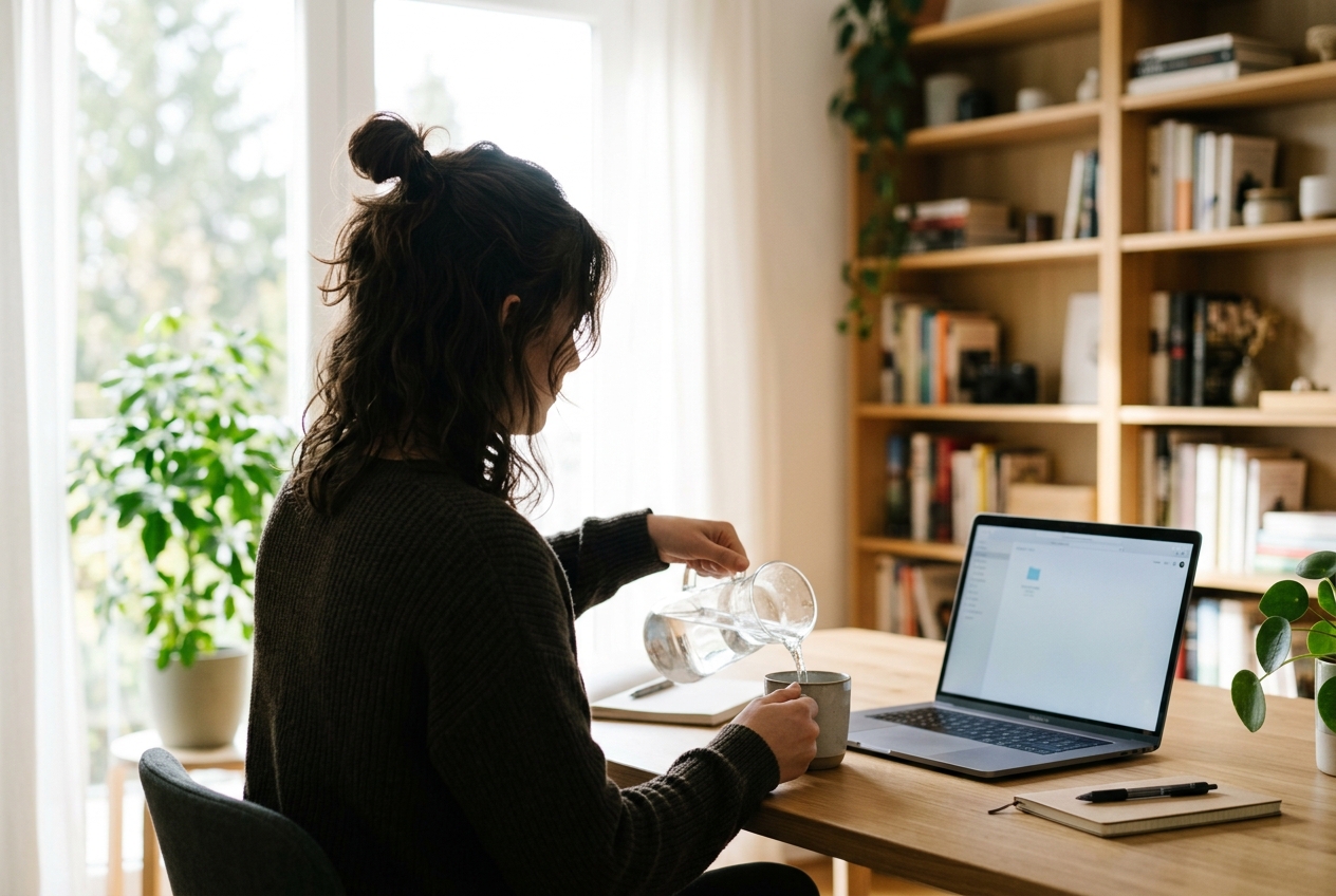 Silhouette of a woman working at a laptop, pouring a glass of water by a window.