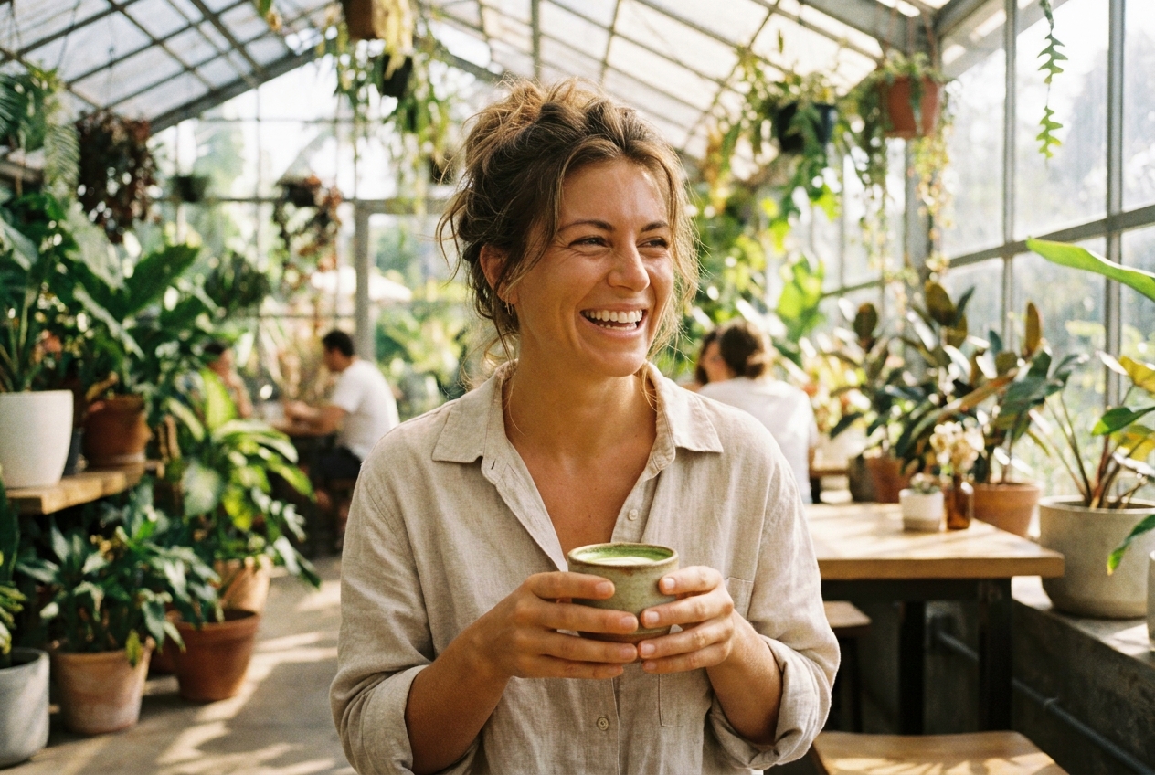 Why Blood Sugar Baseline Recovery Matters More Than Peak Spike Size Smiling woman laughing in a bright greenhouse cafe while holding a warm ceramic cup.
