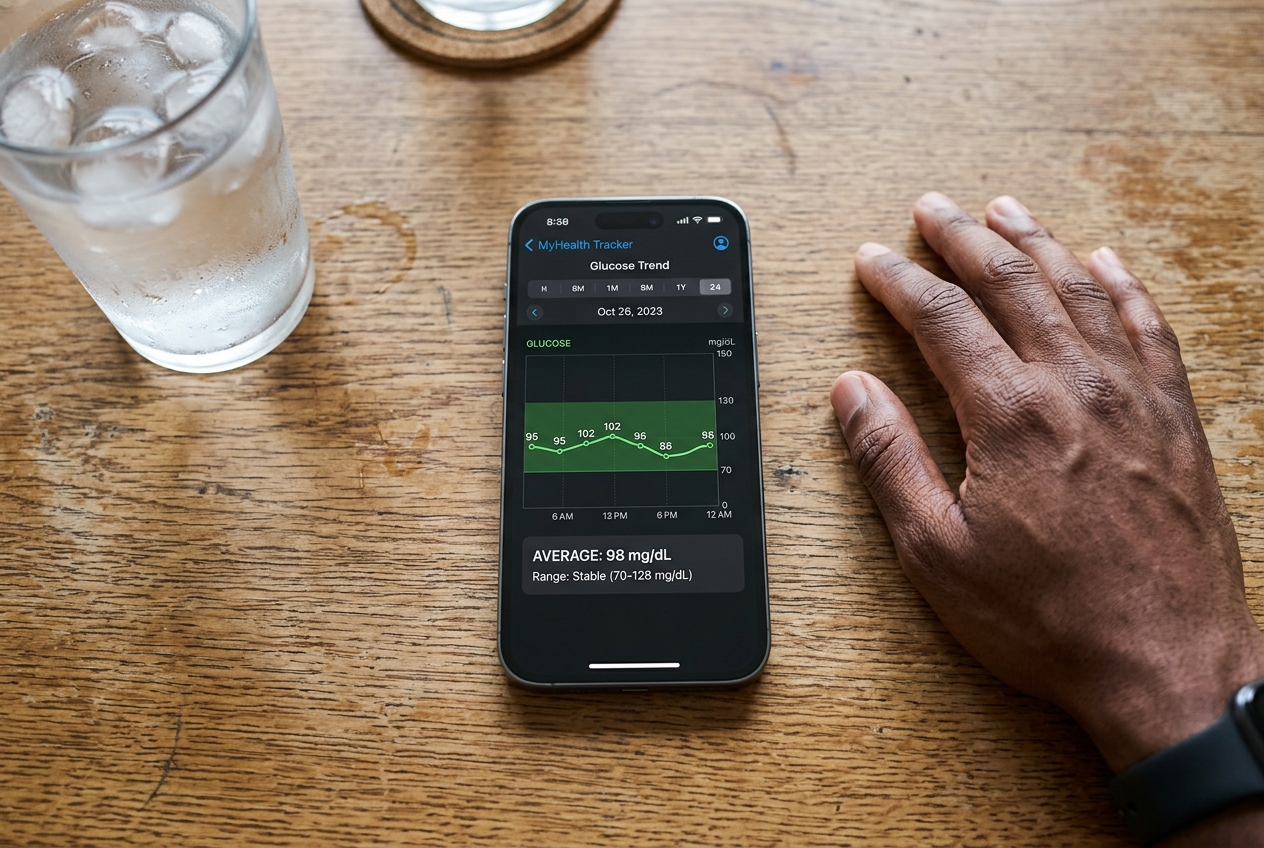 10 Ways to Naturally Lower Blood Sugar and Stop Glucose Spikes A smartphone resting on a wooden table displaying a health app with a stable green glucose trend line.