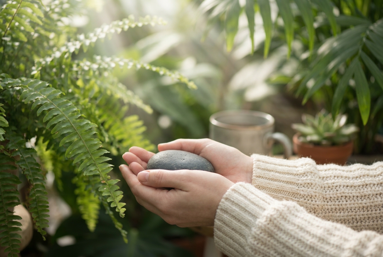 Close-up of hands resting in a lap holding a smooth stone amidst lush green plants.