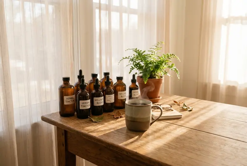 Amber supplement bottles and herbal tea on a sunlit wooden table.