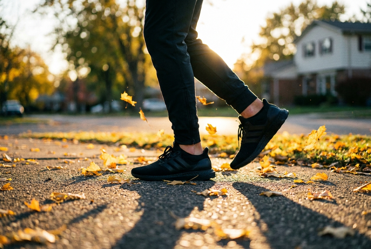 A person's legs walking in running shoes on a leaf-strewn sidewalk during golden hour.