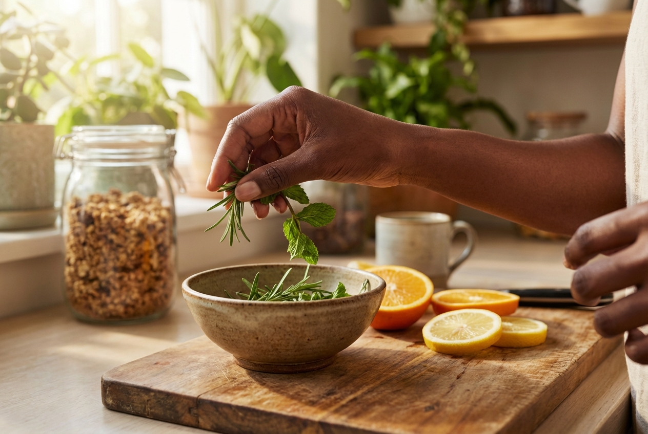 Hands preparing fresh citrus and herbs on a kitchen counter in morning sunlight.