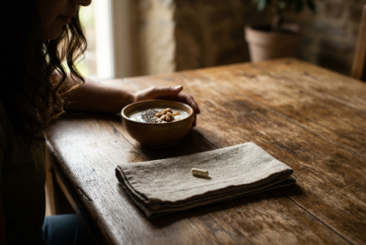A clean supplement capsule on a linen napkin next to a healthy breakfast bowl.