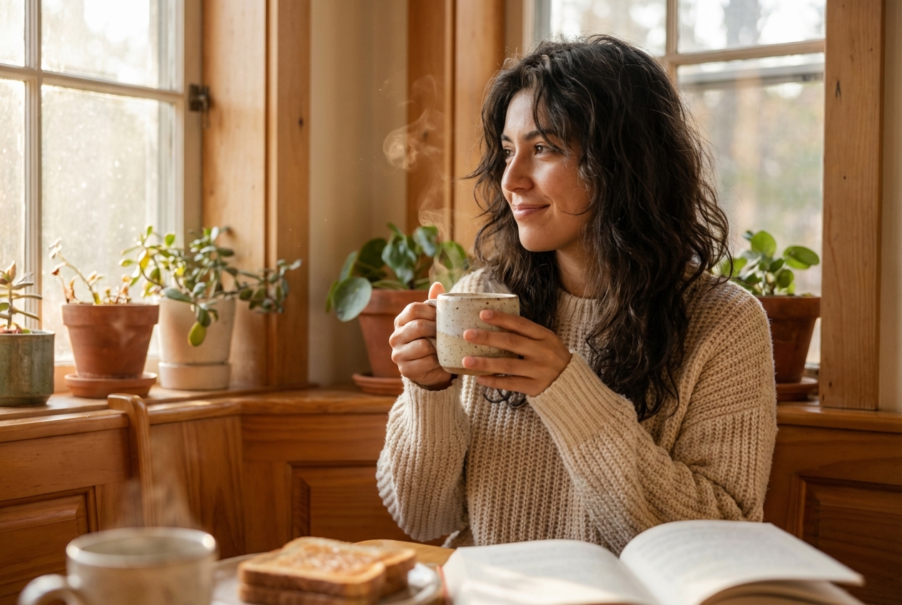 Hispanic woman in a sweater smiling softly while holding a coffee cup in a sunny kitchen.