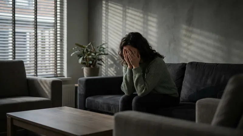 Hispanic woman sitting on sofa looking exhausted due to chronic fatigue