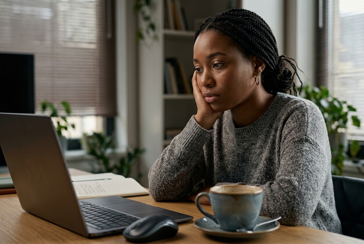 10 Ways to Naturally Lower Blood Sugar and Stop Glucose Spikes A woman sits at her desk, resting her head on her hand, looking exhausted next to a coffee mug.
