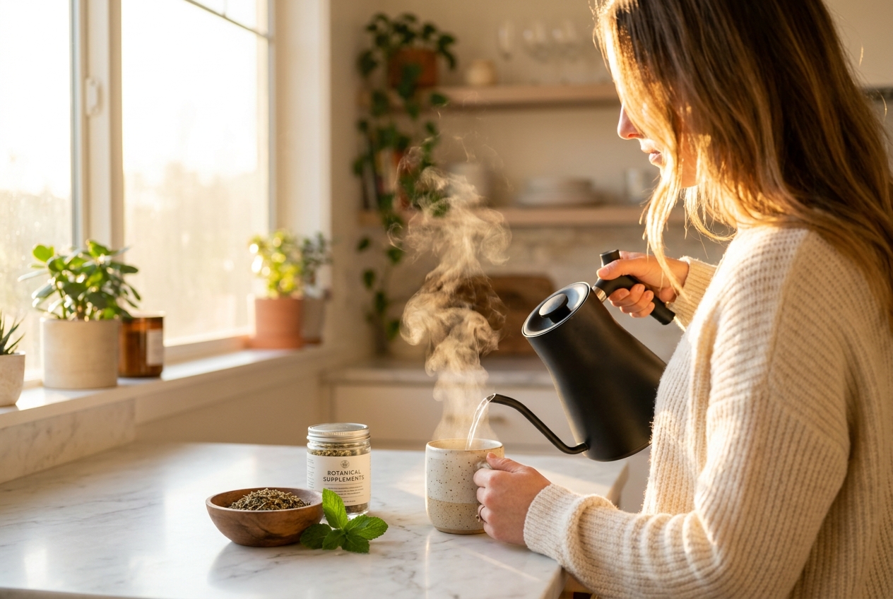Over-the-shoulder view of a woman pouring hot water into a ceramic mug in a bright, sunny kitchen.