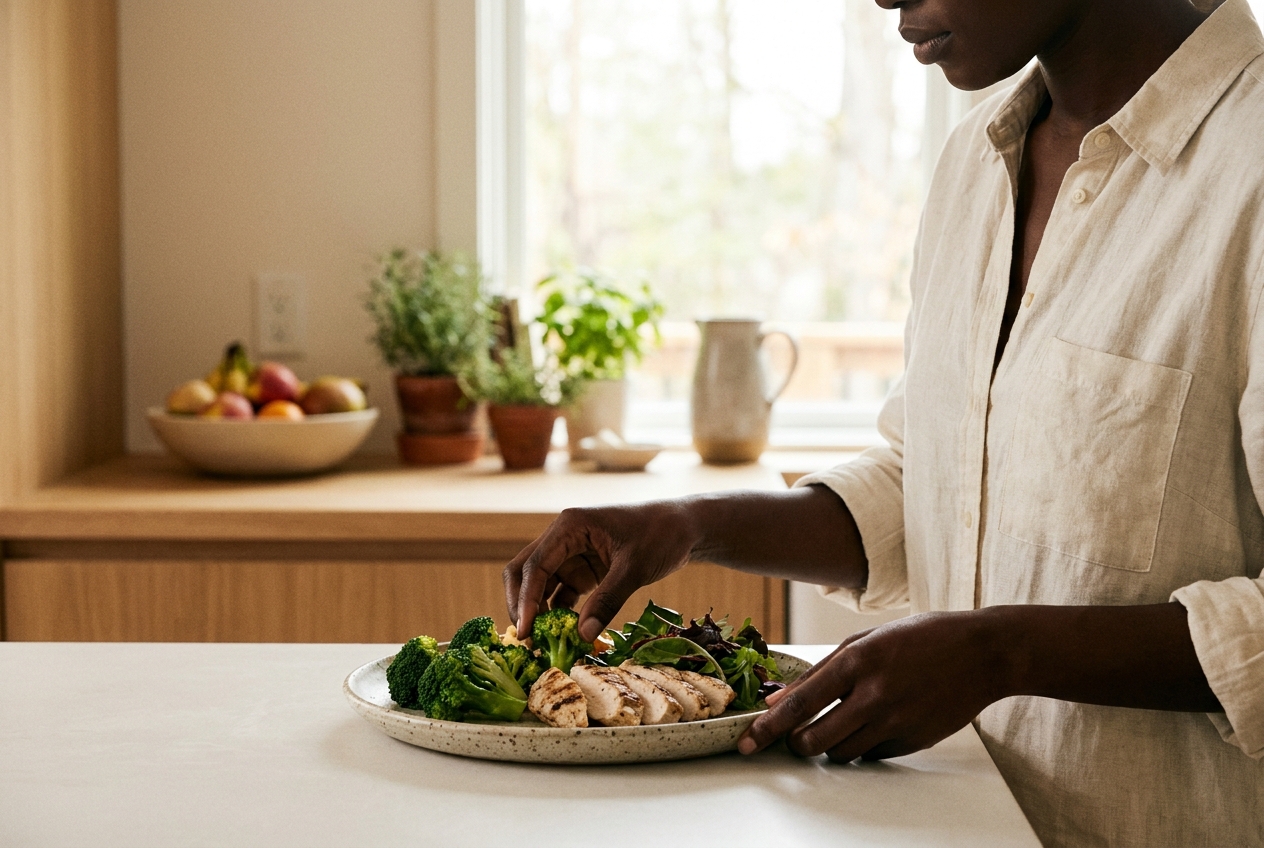 A woman carefully preparing a balanced meal of fresh greens and protein on a ceramic plate.
