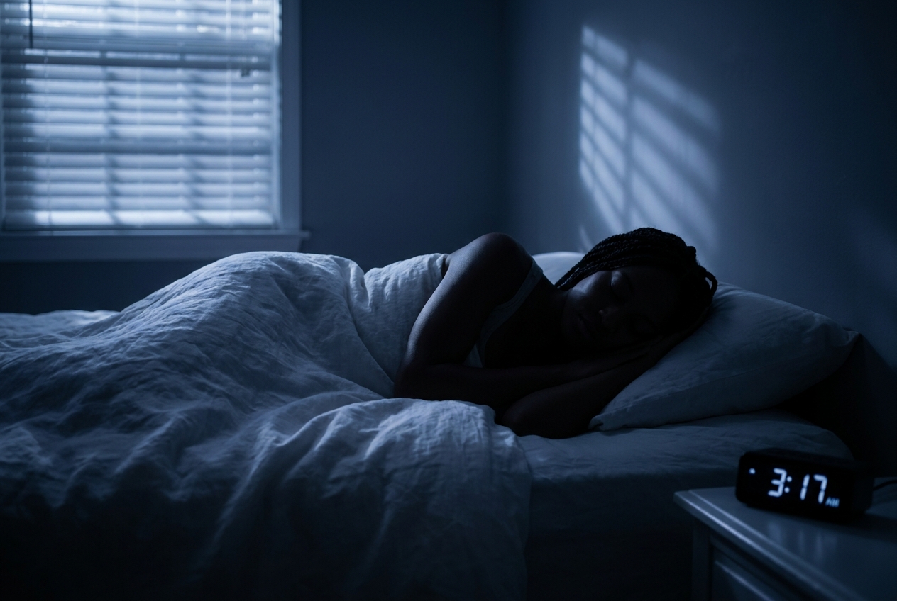 Silhouette of a woman with braided hair sleeping peacefully on white pillows in a moonlit room.
