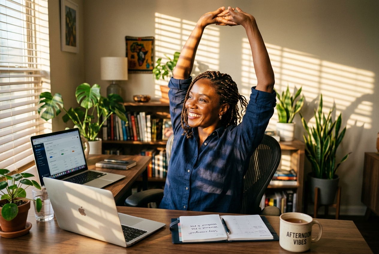 Loquat Leaf vs. Berberine and Mulberry: Does It Really Balance Blood Sugar? An African American woman stretching happily at her desk, avoiding the afternoon energy crash.
