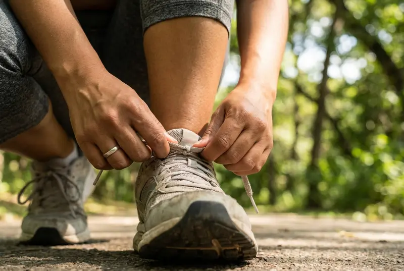 Close up of a Latina woman tying her running shoes in a sunny park.